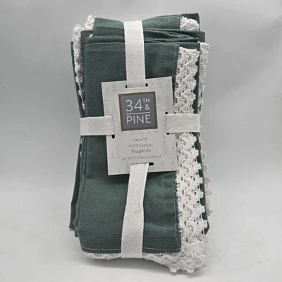 8 Pc Set Of 34TH & Pine Green Napkins with White Lace Trim 100% Cotton Cloth - Image 1 of 4