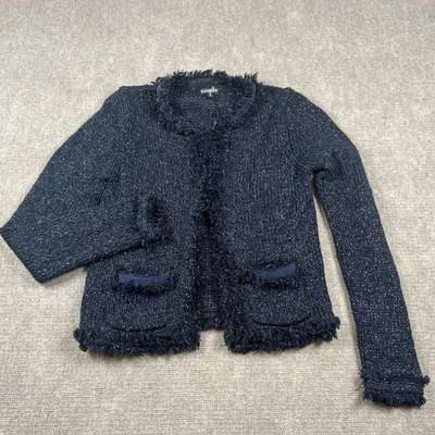 NUEVO CON ETIQUETAS Chaqueta Cárdigan Express Talla M Tejido Tweed Azul Marino Metálico Flecos Borde Brillante Foto 1 de 4