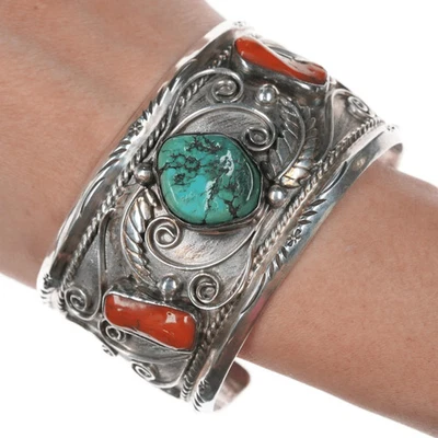 7.5" Large 1970's Navajo sterling, turquoise, and coral cuff bracelet - Image 1 of 4