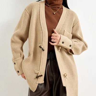 Retro Loose V-neck Solid Color Sweater Knitted Sweater Wooden Buckle Jacket Top - Image 1 of 4