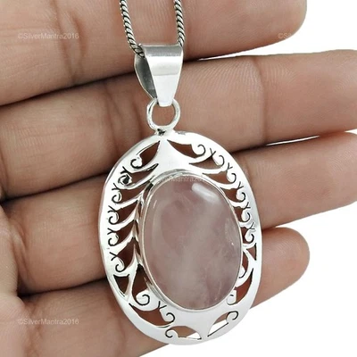 Quarzo Rosa Gemma Vero 925 Argento Sterling Regalo di Natale Alla Moda Ciondolo - Immagine 1 di 4