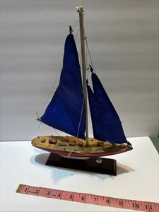 Vintage Collectible Red White Blue Wooden Sail Boat Office Decor Wood Model Base - Picture 1 of 10