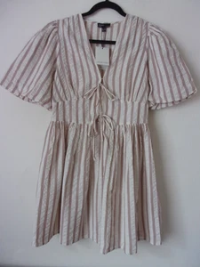 New Nobody’s Child Stone Striped Tie Front Scarla Mini Dress Size UK 10 RRP: £79 - Picture 1 of 12