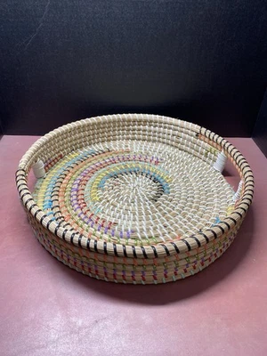 Woven Seagrass 13.5" Serving Tray Rainbow With Handles - Image 1 of 4