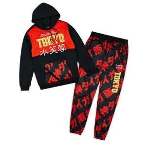 Reason Tokyo Kanji Tracksuit Set Mens Medium Hoodie Sweatpants Black Red Fleece - Picture 1 of 7