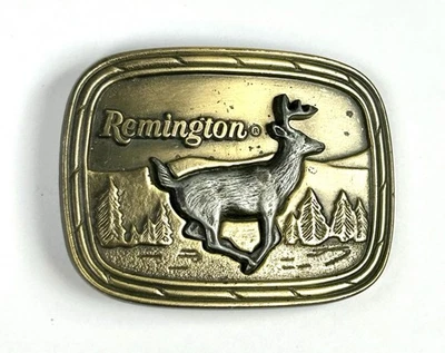 Hebilla de cinturón vintage 1979 Remington acabado latón “Running White-taild Deer” Foto 1 de 3