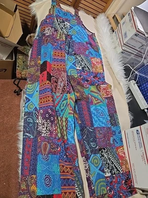 VINTAGE Gran Tamaño Boho Para Mujer Rumper Pierna Ancha Bolsillos 2 Botones Correas Cremallera Foto 1 de 4