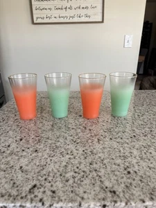 Vintage Blendo Glasses Peach & Teal Tumblers Gold Trim Frosted MCM Set Of 4 - Picture 1 of 3