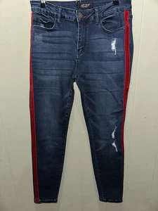 Pantalones de mezclilla JUDY BLUE ajustados desgastados rojo terciopelo rayas laterales OSCURO ELÁSTICO 11/30 - Imagen 1 de 6