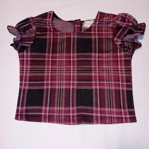 Btween Girls Dressy Knit Blouse Sz 10 Burgundy Plaid Elastic Ruffled Sleeves EUC - Picture 1 of 11