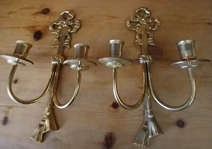 VTG Pair Of Brass Candle Sconces Tassels Bow Double Arms Hollywood Regency - Picture 1 of 6
