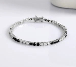 Black Spinel and Moissanite Round Tennis Bracelet 925 Sterling Silver 7 Inch - Picture 1 of 8