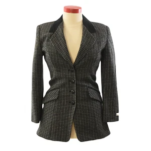 90s Vintage Wool Houndstooth Blazer Womens L Suede Elbow Patch Fitted Maurices - Picture 1 of 4