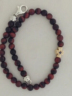 Pulsera con Ojo de Tigre Rojo y Piedras Diamantes Naturales Oro 14kt y Plata Foto 1 de 3