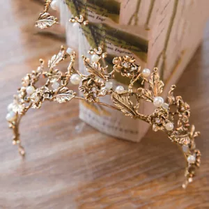 Vintage Blume Goldblatt Krone Perle Tiara Hochzeit Stirnband Königin Brautmode - Picture 1 of 4