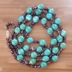 Vintage Turquoise Garnet Bead Necklace 14k Gold Clasp 34" - Picture 1 of 5