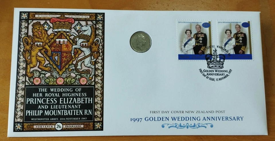 NZ 1997 Queen Elizabeth II Golden Wedding Anniversary Stamp FDC 1997 QE2 Coin - Image 1 of 4
