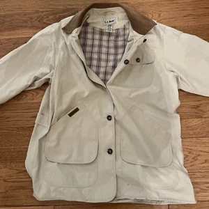 Vintage LL Bean Womens Large Tan Canvas Leather Collared Chore Barn Coat Jacket - Picture 1 of 15