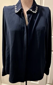 NWT M & S Navy Blue Blouse Sz 10 Rhinestone Jeweled Beaded Collar Marks Spencer - Picture 1 of 8