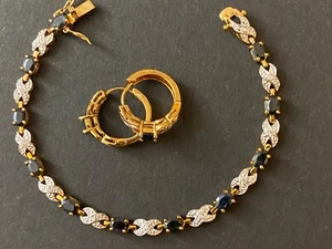 14K GOLD PLATED - GENUINE SAPPHIRE BRACELET & STUNNING SAPPHIRE EARRINGS - Picture 1 of 8
