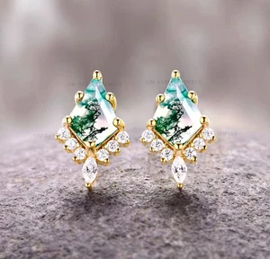 Natural Kite Shaped Moss Agate Stud Earring 925 Sterling Silver Earrings for Her - Picture 1 of 5