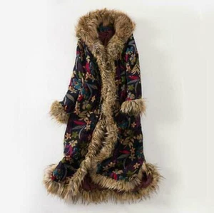 Damen Blumen Bohemian Kunstfell dicke Kapuze Jacke warm Mantel Baumwolle wattiert - Bild 1 von 8