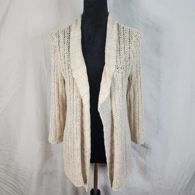 VALERIE BERTINELLI Size Large Cream Silver Ribbon Knit Open Drape Cardigan - Image 1 of 4