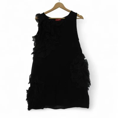 Rene Derhy Dress UK Large Black Silk Mix Ruffle Shift Beaded Occasion Preloved - Image 1 of 4