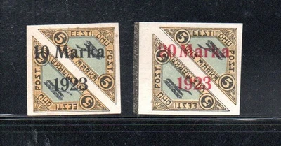 Эстония 1923 старый набор авиационных почтовых марок с надпечатками (Michel 43/44 B) MLH - Изображение 1 из 2