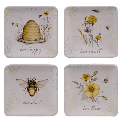 CERTIFIED INTERNATIONAL Bee Sweet 4-Piece Seasonal Multicolored Earthenware 6 In. Canape Plate Set (Serv