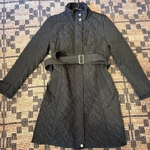 Cole Haan Hunter Green Quilted Trench Coat with Belt and leather trim. Size L - Picture 1 of 9