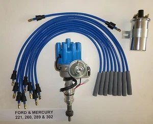 FORD 289 302 BLUE Small Female HEI Distributor + Chrome coil + Spark Plug Wires - Picture 1 of 1