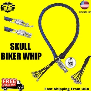 42" Motorcycle Get Back Whip Leather Biker Whip for Handlebar With Skulls - Picture 1 of 4