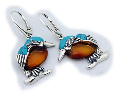 Damen Ohrringe Eisvogel Hänger echt Bernstein Türkis echt Silber 925 Vogel - Bild 1 von 4