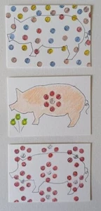 3 ACEO Art Cards Miniature Series Pig Bacon Contraband Poppy Signed Sela GU-GO - Picture 1 of 4