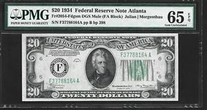 US 20 Dollars 1934 PMG 65 EPQ UNC Fr #2054-Fdgsm FRN Atlanta Julian/Morgenthau - Picture 1 of 4