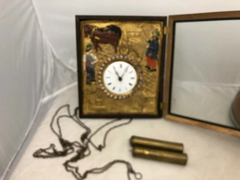 OLD METAL, TIN?   GERMAN WITH WOODEN MOVEMENT  WALL CLOCK WITH WEIGHTS Cover