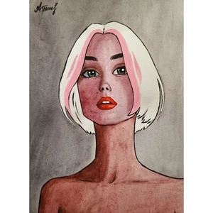 Quadro ritratto di donna dipinto ad acquerello arte originale - Foto 1 di 5