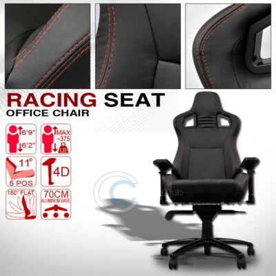 Universal Blk w/Red Stitches PVC Leather MU Racing Bucket Seat Office Chair Cl25 - Image 1 of 2