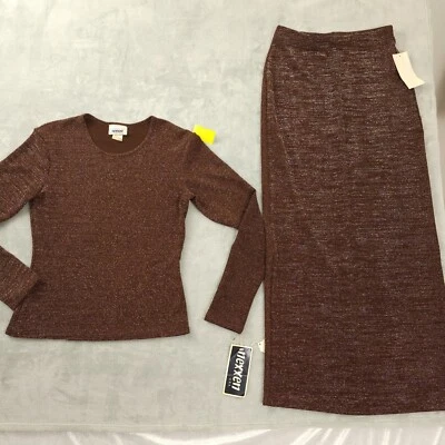 Vtg 70s Disco Brown Silver Metallic Lurex Slim Maxi Skirt Top Set Tags Deadstock - Image 1 of 4