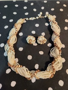 Vintage Sarah Coventry Jewelry Set Necklace Clip Earrings Pearl Cluster Gold  - Picture 1 of 10