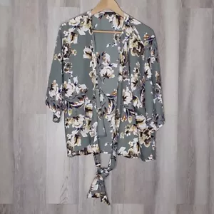 West Kei Costello Grey Floral Flowy Tie Front Short Sleeve Top Womens Size MP - Imagen 1 de 6