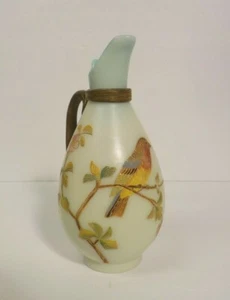 19th C. Satin Glass Ewer, Enameled & Gilt Bird Decoration, c. 1880-1900 - Picture 1 of 12