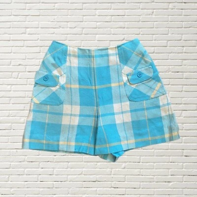 Vintage 60s Wool Shorts Light Blue Plaid Print High Waisted Mod Gogo Size Xs - Image 1 of 4