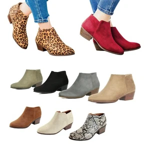 New Women Round Toe Slip On Side Zip Low Block Heel Western Ankle Boots Booties - Picture 1 of 10