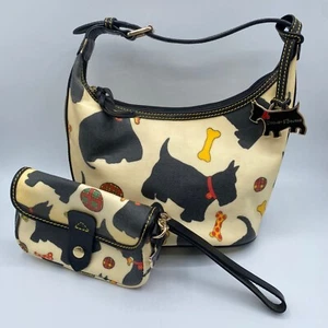 Dooney & Bourke Scottie Dog Bucket Purse & Wristlet Set Cream Black w Charm READ - Picture 1 of 13