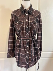 True Religion Rocky Dress Flannel Shirt Dress Brown Checkered Pearl Snaps Size L - Picture 1 of 7