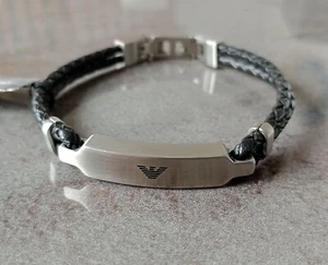 Emporio Armani Bracelet Woven Leather + Stainless Steel Bracelet EGS21719040 New - Picture 1 of 18