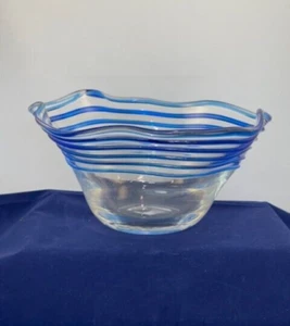 Blenko Clear Glass Bowl with Blue Spiral Thread Ruffled Edge - Picture 1 of 9