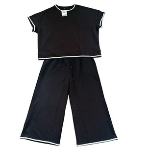 Knit 2 Piece Cap Sleeve Womens Loungewear Black White Contrast Trim Wide Leg XXL - Picture 1 of 11